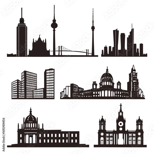 Collection of black city skyline silhouettes featuring iconic landmarks and modern architecture representing diverse urban landscapes and architectural styles