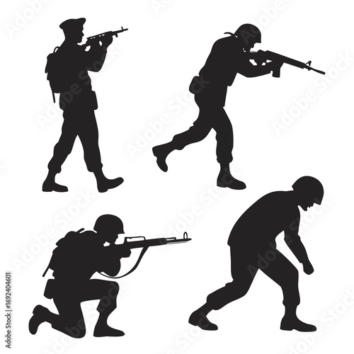 Silhouette of four soldiers in different combat poses holding rifles against a white background representing military action and readiness