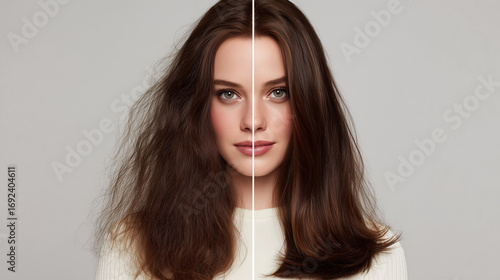 Beauty portrait of woman with frizzy and straight hair split view, before and after hair care treatment