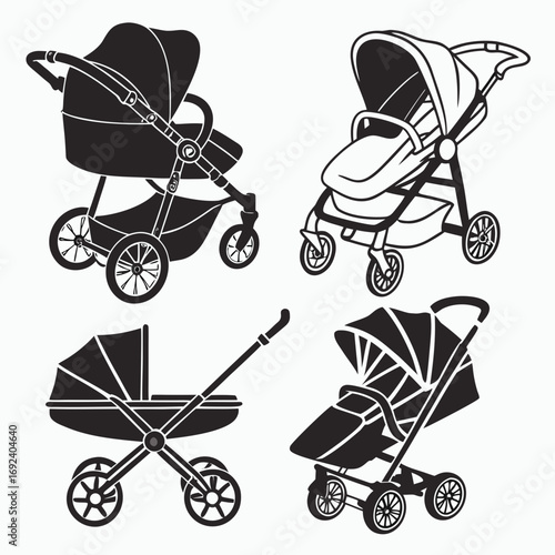 Collection of four black and white silhouette illustrations of different baby strollers and prams showcasing various designs and styles for infant transportation
