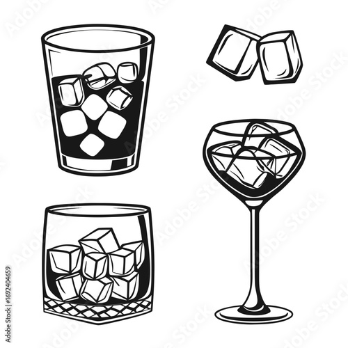 A collection of stylized black and white illustrations featuring glasses filled with ice cubes and loose ice cubes perfect for beverage and bar related designs