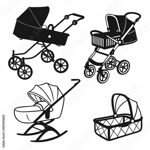Collection of four black and white silhouette illustrations of baby strollers and prams showcasing different designs and styles for infant transport
