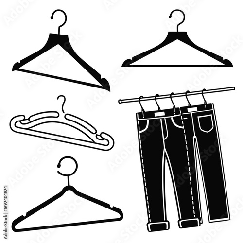 Collection of black and white graphic icons representing different types of clothing hangers and two pairs of jeans hanging on a clothes rod for storage or display