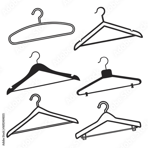 A collection of six different clothes hangers including wire wooden and plastic styles presented as simple black and white illustrations on a white background
