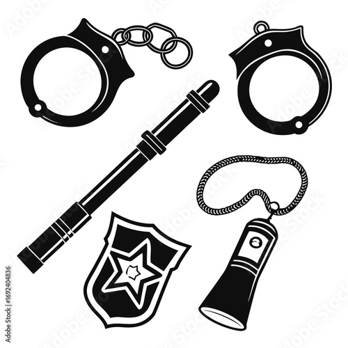 Collection of black silhouette police equipment including handcuffs baton badge and flashlight on a white background representing law enforcement and justice