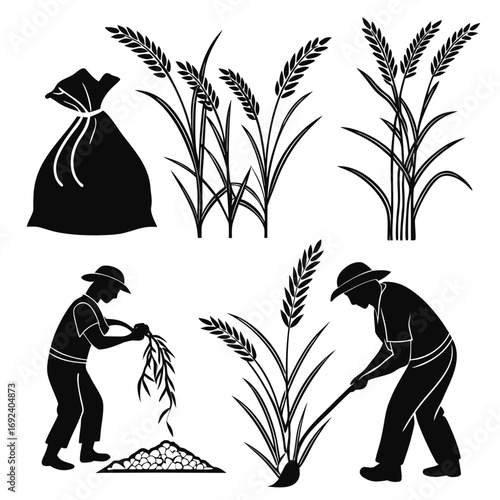 Collection of black and white silhouette illustrations depicting agricultural scenes including wheat stalks a sack of grain and farmers harvesting and tending to crops