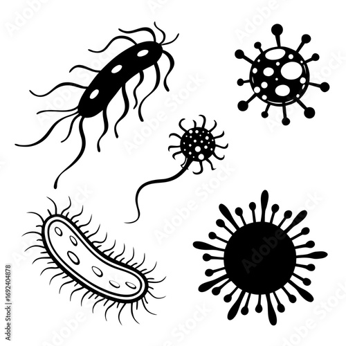 Collection of stylized black and white illustrations of various microscopic organisms including bacteria and viruses on a white background representing science and health concepts