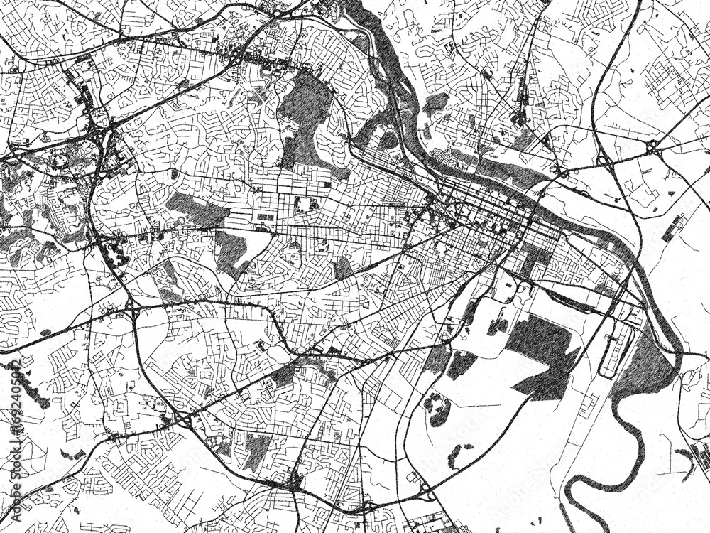 Naklejka premium Black and white city map of Augusta, Georgia, illustrated with fine detail and sketch textures.
