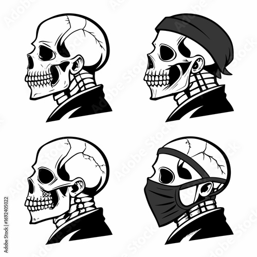 Four stylized skull illustrations in profile view showcasing different headwear and face coverings including a bandana and a face mask presented in a bold black and white graphic art style