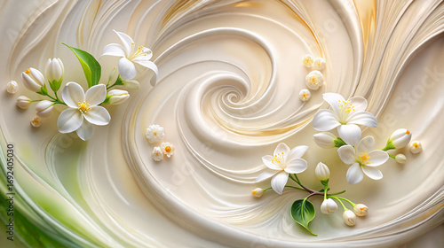 Jasmine flowers on abstract swirl cream background