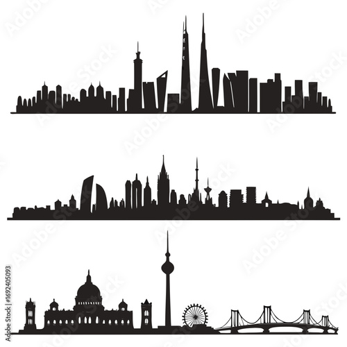Three distinct black silhouette city skylines featuring modern skyscrapers historical architecture and iconic landmarks against a white background representing urban diversity