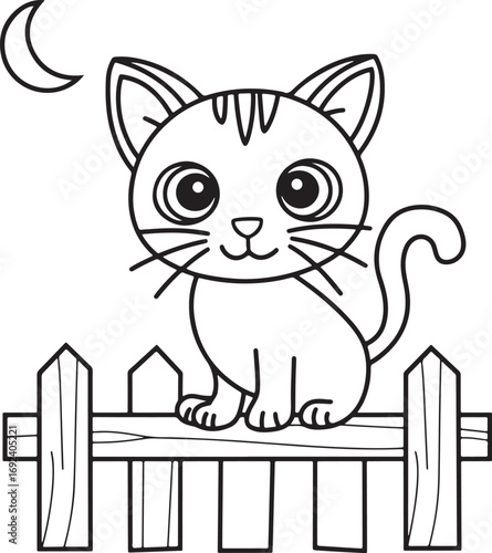 Cute Cartoon Cat on a Fence with Moon Coloring Page for Kids