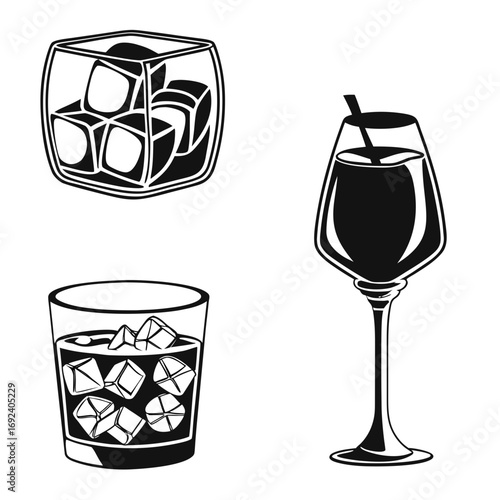 A collection of stylized black and white illustrations of alcoholic beverages including whiskey on the rocks a cocktail with a straw and ice cubes in a glass