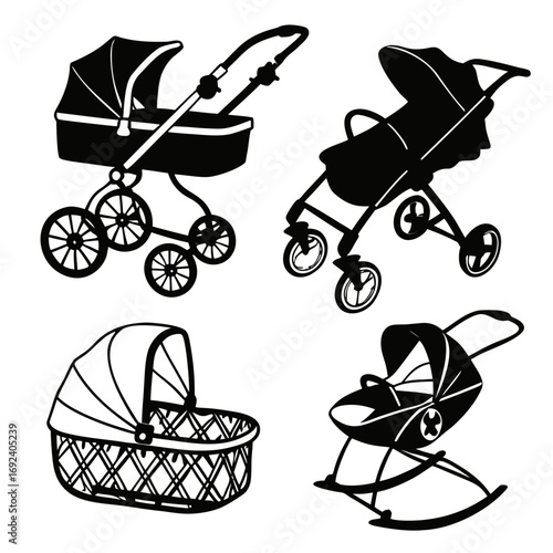 A collection of four diverse baby carriages and strollers in silhouette showcasing vintage and modern designs for infant transport and comfort