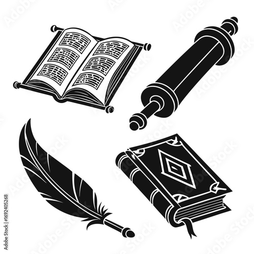 Collection of vintage writing and reading symbols including an open book a scroll a quill pen and a closed book all in a black silhouette style on a white background