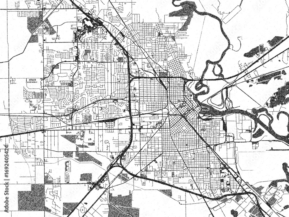 Fototapeta premium Poster-ready illustration map of Beaumont, Texas, in black and white hand-drawn style.