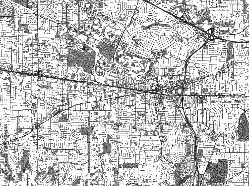 Fototapeta premium Hand-drawn style black and white city map of Beaverton, Oregon, showing its urban design in an artistic layout.