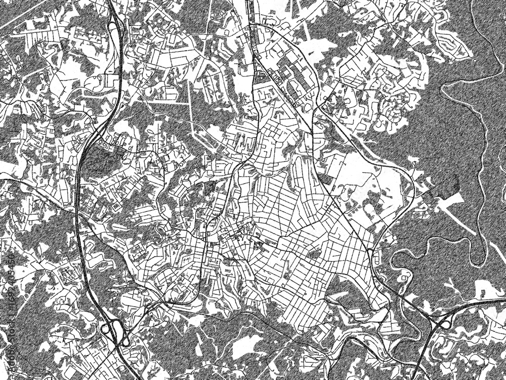 Naklejka premium Stylized monochrome city map of Beckley West, Virginia, created in a hand-drawn digital style with bold lines and shaded textures.