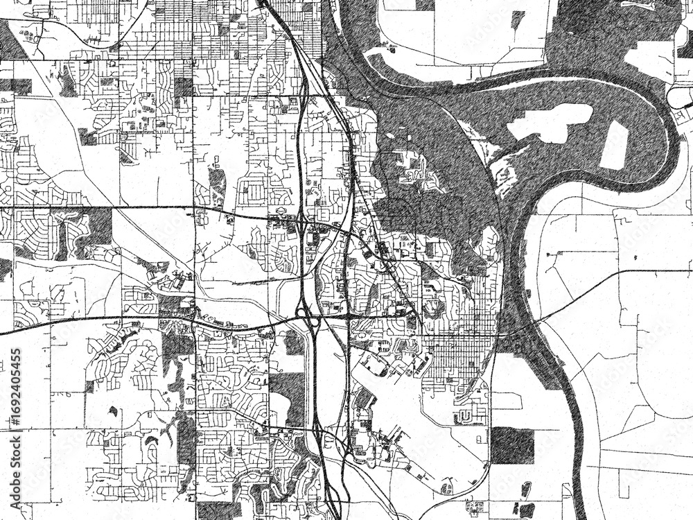 Naklejka premium Stylized illustration of Bellevue, Nebraska, showing its roads and neighborhoods in sketch-like black and white.
