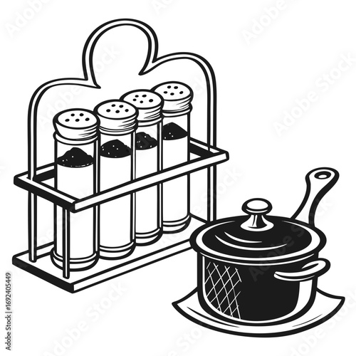 A stylized black and white illustration of a rack holding four test tubes filled with dark powder next to a cooking pot on a trivet suggesting culinary experimentation or scientific cooking