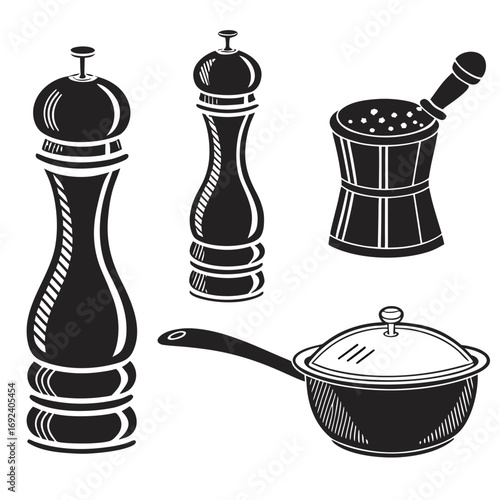 A collection of kitchen utensils including two pepper mills a mortar and pestle and a saucepan with a lid presented as black silhouettes on a white background