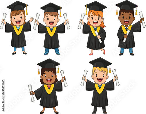 Graduation cartoon children, diverse students in caps and gowns, diploma celebration, academic achievement, school ceremony, happy kids illustration, education success