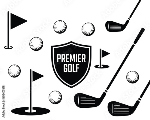 Black and White Golf Vector Icons,  Equipment Set Featuring Club, Ball, and Flag Designs for Sports, Tournament, Recreation, and Graphic Design Resources