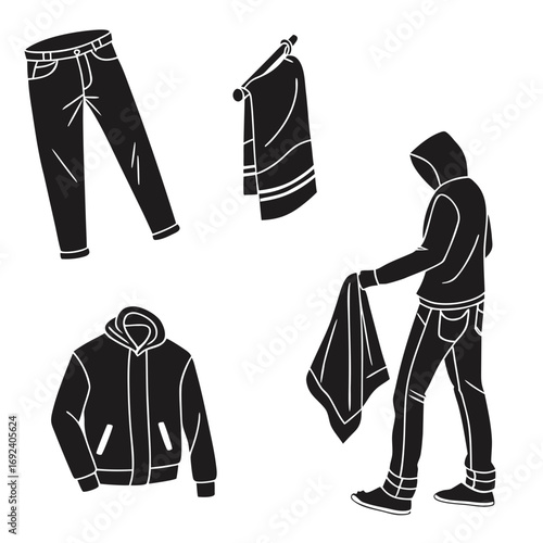 Silhouette of a person in a hooded jacket and jeans holding a towel with a separate pair of jeans and a hanging towel in a minimalist black and white illustration
