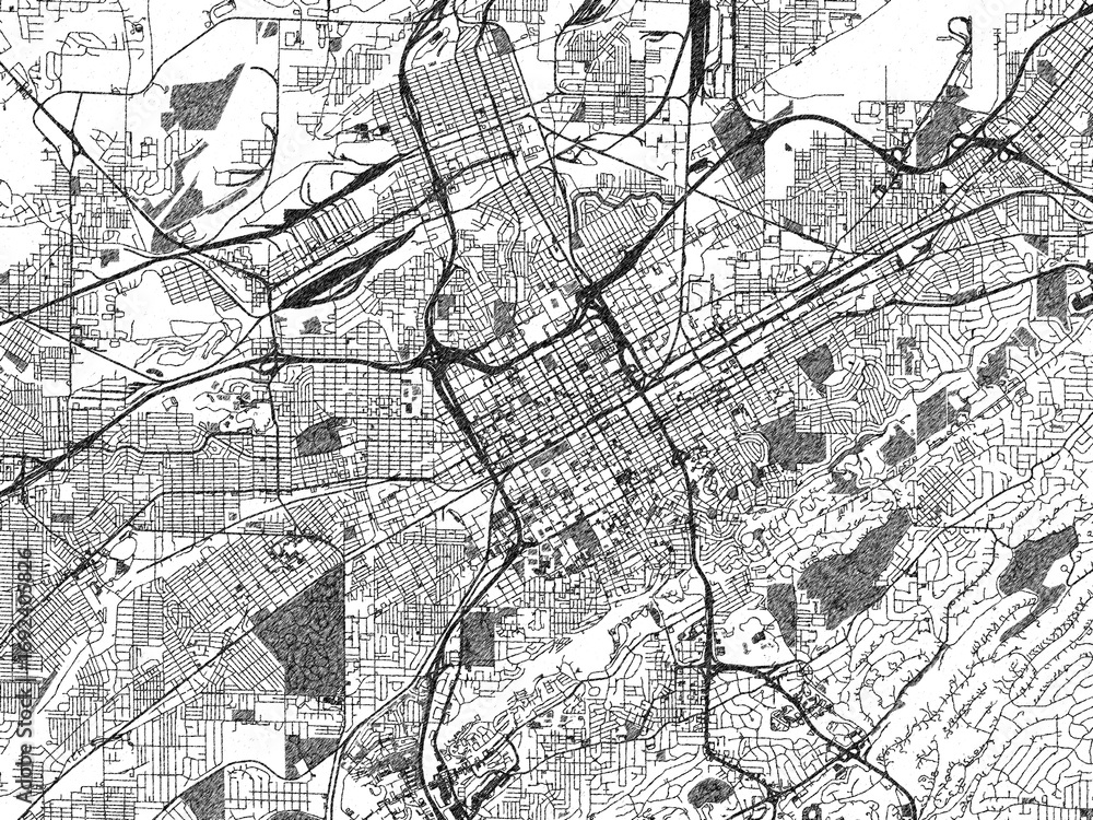 Naklejka premium Decorative map of Birmingham, Alabama, rendered in sketch-like monochrome, ideal for posters and travel projects.