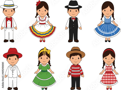 Latin American traditional clothing cartoon, cultural diversity children, ethnic outfits, heritage fashion, folk costume set, multicultural illustration