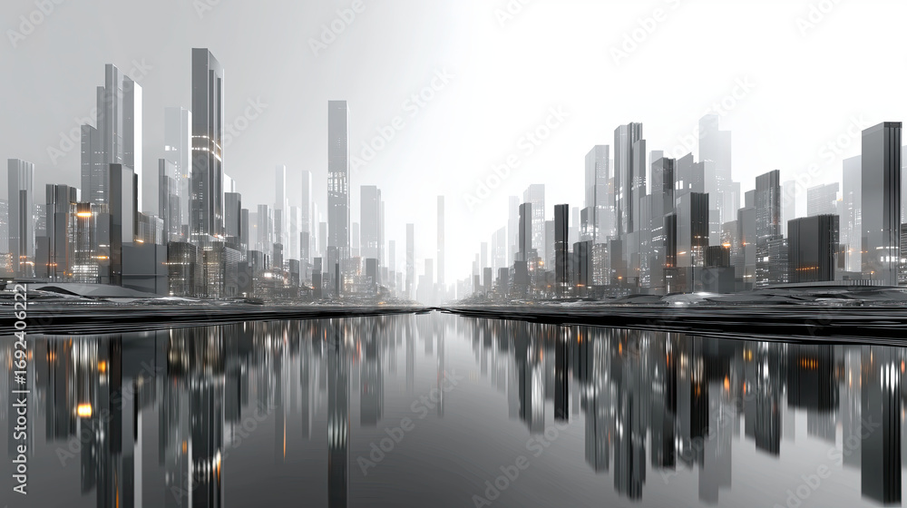 Obraz premium Futuristic cityscape featuring towering skyscrapers and reflective water surface, creating serene yet dynamic atmosphere