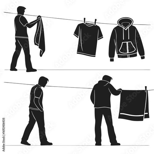 Silhouettes of men hanging laundry on a clothesline showing different stages of the chore and garments like t shirts and a hoodie