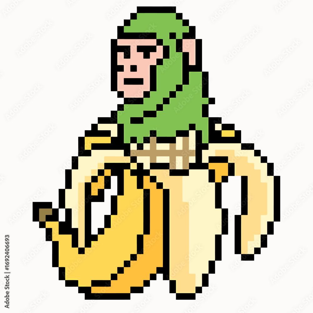 Obraz premium Anomali Italian Brainrot. Pixel art monkey character in a green hood riding a banana. Vector Illustrations. EPS Editable