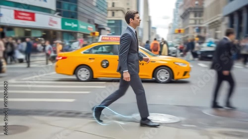 Wallpaper Mural A confident businessman strides across a bustling city street, a futuristic light trail glowing at his feet Torontodigital.ca