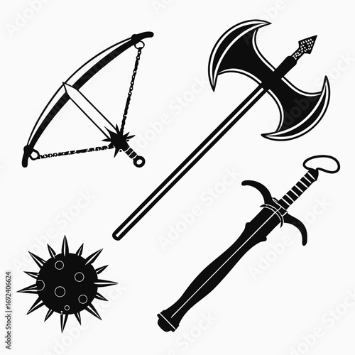 Collection of medieval weapons including a battle axe sword mace and crossbow with a sword attached by chains presented as black silhouettes on a white background