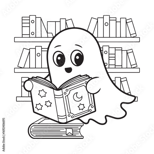 Cute Ghost Reading Spell Book in a Library Outline for Halloween and Fantasy Designs