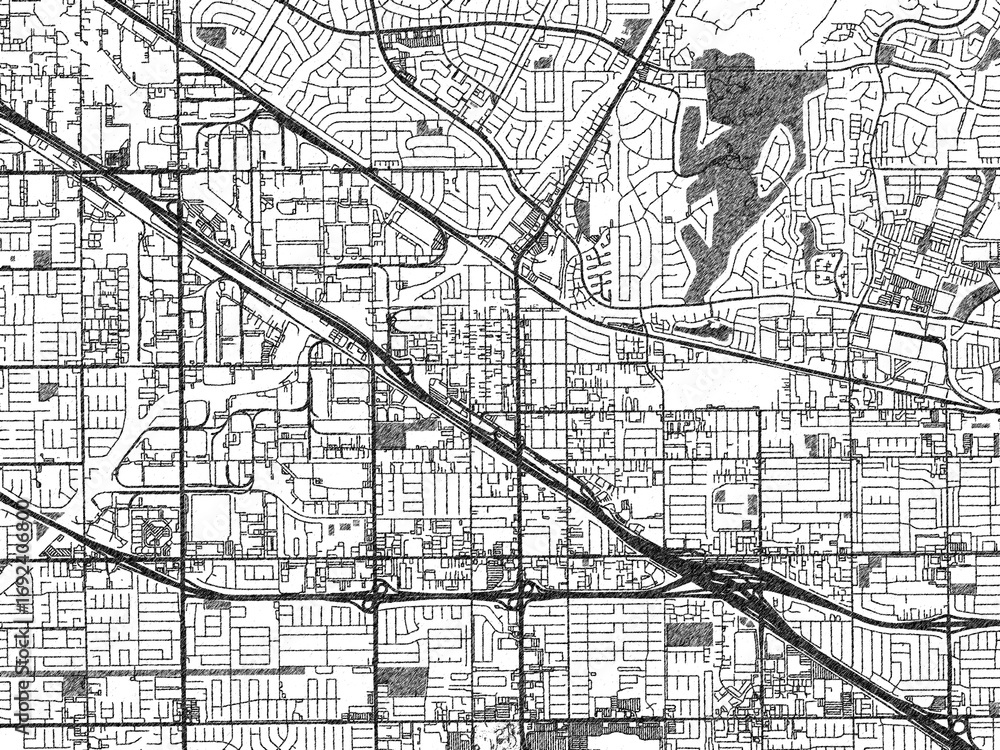 Fototapeta premium Illustrated city map of Buena_Park, California, in black and white, combining detailed grids with shaded textures.
