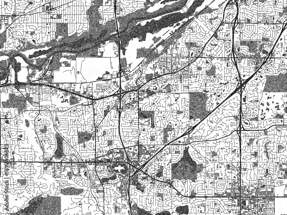 Naklejka premium Artistic city map of Burnsville, Minnesota, created in hand-drawn black and white for editorial or decorative projects.