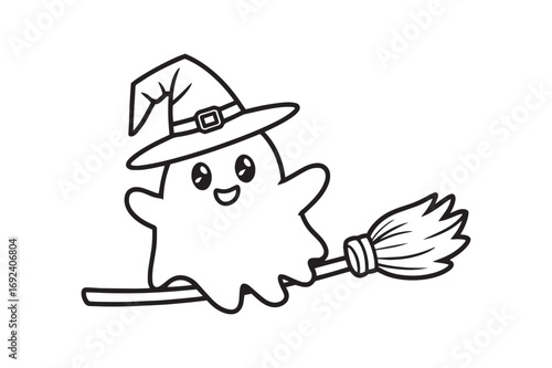 Adorable Ghost Wearing a Witch Hat Flying on a Broomstick Outline for Halloween Coloring