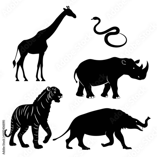 Collection of black silhouette wild animals including a giraffe rhinoceros tiger elephant and snake on a white background