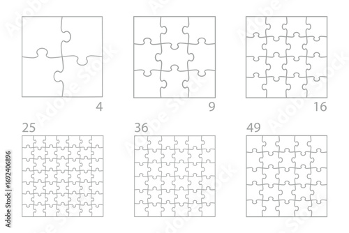 Square blank vector templates for jigsaw puzzles set with different number of pieces