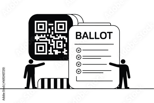 Illustration of ballot with qr code and people pointing, promoting voting and digital access to information
