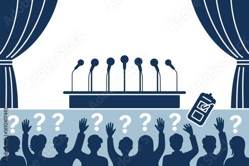 Illustrated scene of a stage with microphones and an audience raising hands with question marks above them