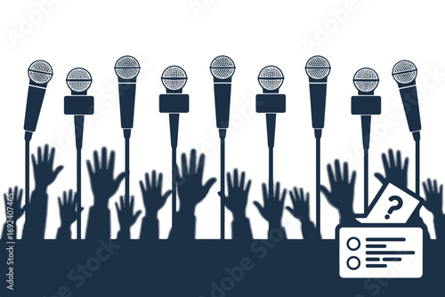 A row of microphones above raised hands and a ballot box with a question mark on a white background