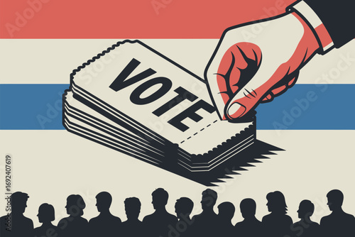 A hand places a vote ticket on a stack with a flag background and a crowd of people silhouettes