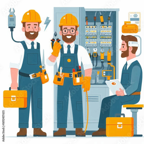 Three electricians pose with tools near an electrical panel