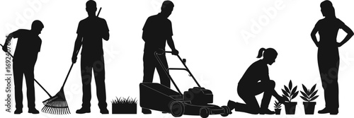 Silhouette of Garden Workers Raking, Mowing Lawn, Planting Flowers, and Using Tools for Outdoor Yard Landscaping and Garden Maintenance Work