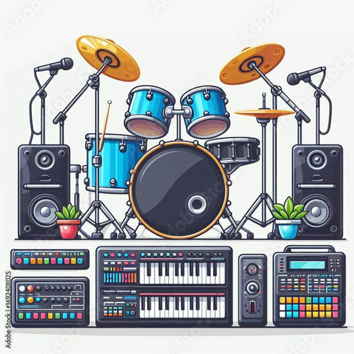Music studio setup drums microphones keyboard synthesizer speakers and potted plants