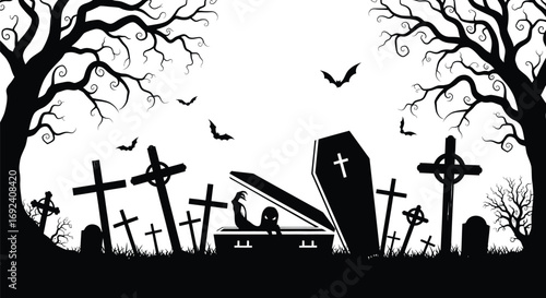 Spooky graveyard scene featuring tombstones, trees, bats, an open coffin, and a skeleton emerging for halloween night