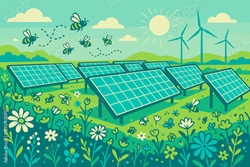 Solar panels power sustainable energy while bees pollinate flowers in a vibrant landscape during the day